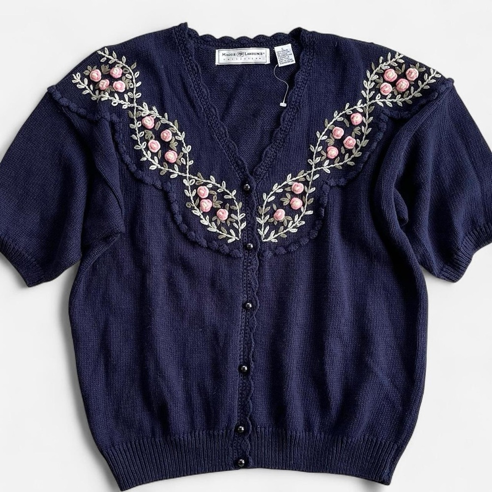 Vintage Maggie Lawrence Collection Navy Knit Pink Embroidered Flowers Sweater